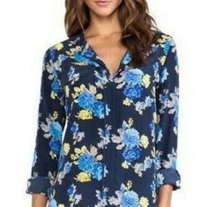 EQUIPMENT FEMME 100% SILK LYNN FLORAL BLUE PEACOAT BUTTON DOWN SHIRT SZ L NWT